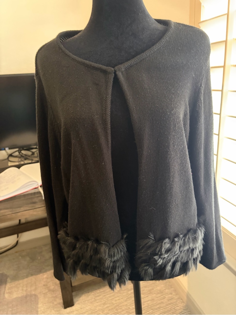 Alfani Black Open-Front Sweater Cardigan with Faux Fur Trim